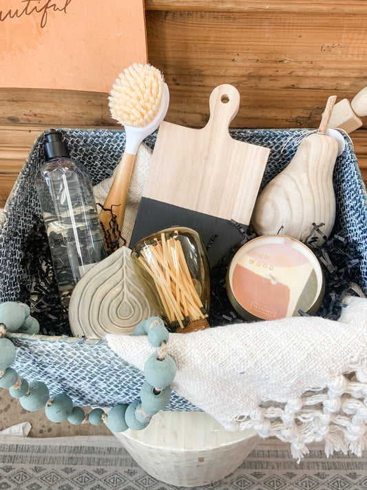 An example of a Realtor closing gift program gift basket featuring items for a new home buyer's kitchen