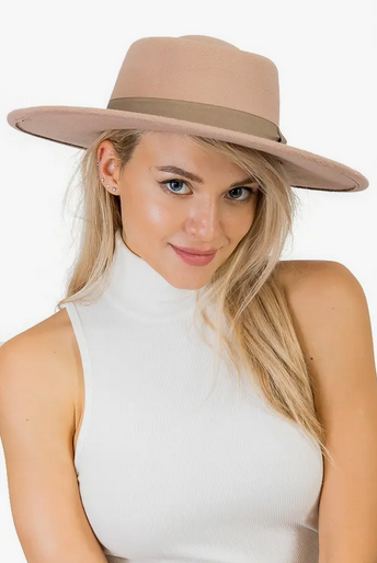 Wide Brim Bolero Faux Felt Pork Pie Crown Hat