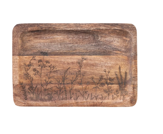 Flower Etched Wood Tray