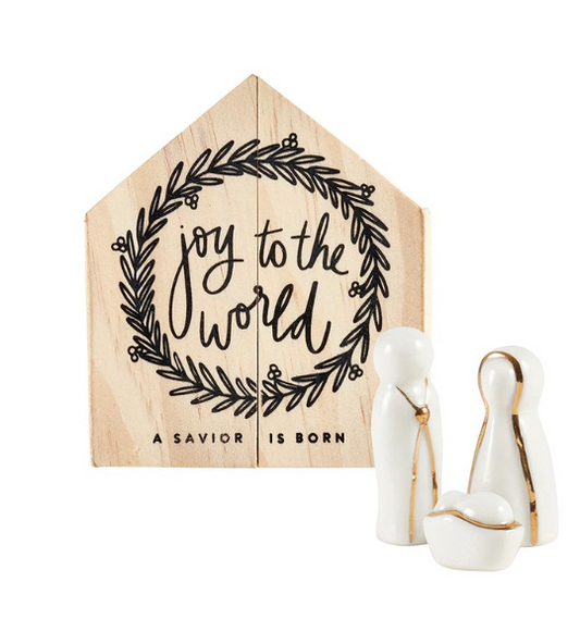 Holy Family Ceramic Figurines Pine Box