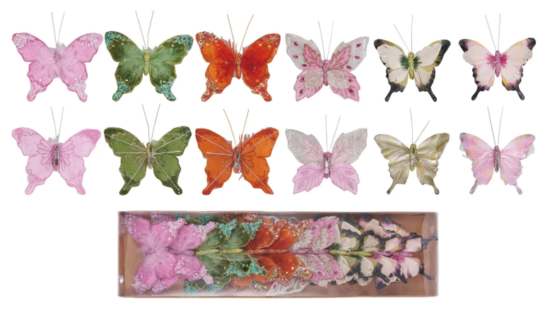 Butterfly Clip-on Ornaments w/ Glitter, Set of 12