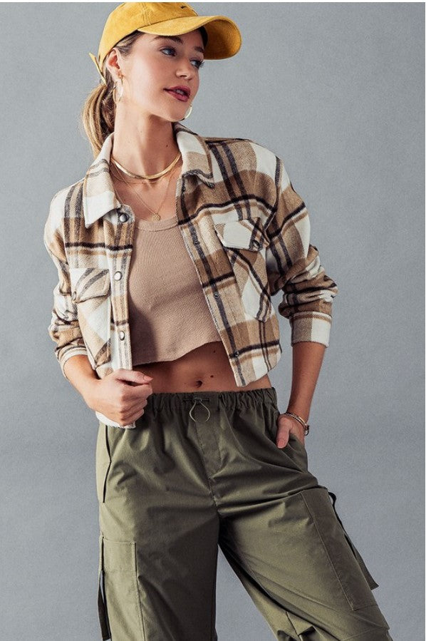 Bella Snap Button Plaid Crop Jacket