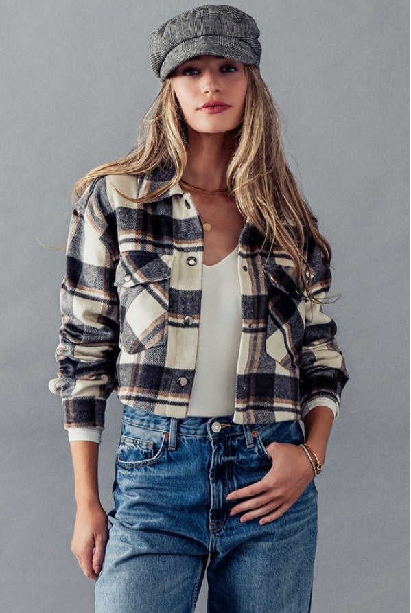 Bella Snap Button Plaid Crop Jacket