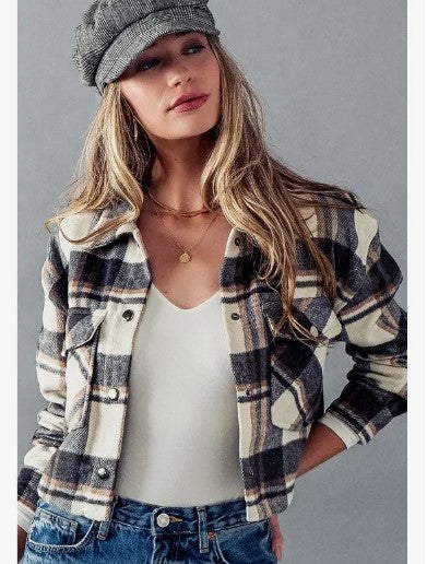 Bella Snap Button Plaid Crop Jacket