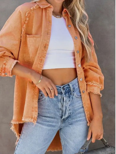 Candy Color Button Pockets Raw Trim Denim Jackets