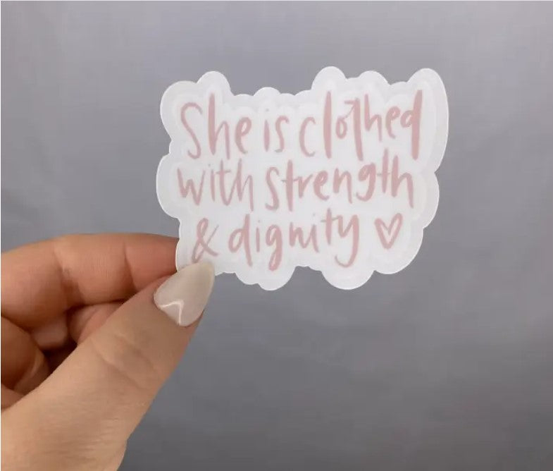 She is Clothed in Strength Clear Christian Sticker