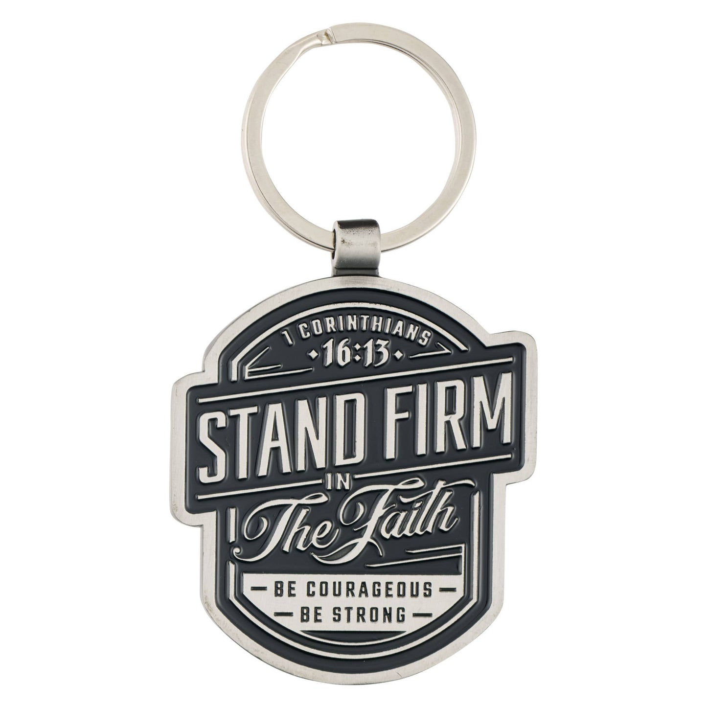 Stand Firm Black Metal Keychain - 1 Cor. 16:13