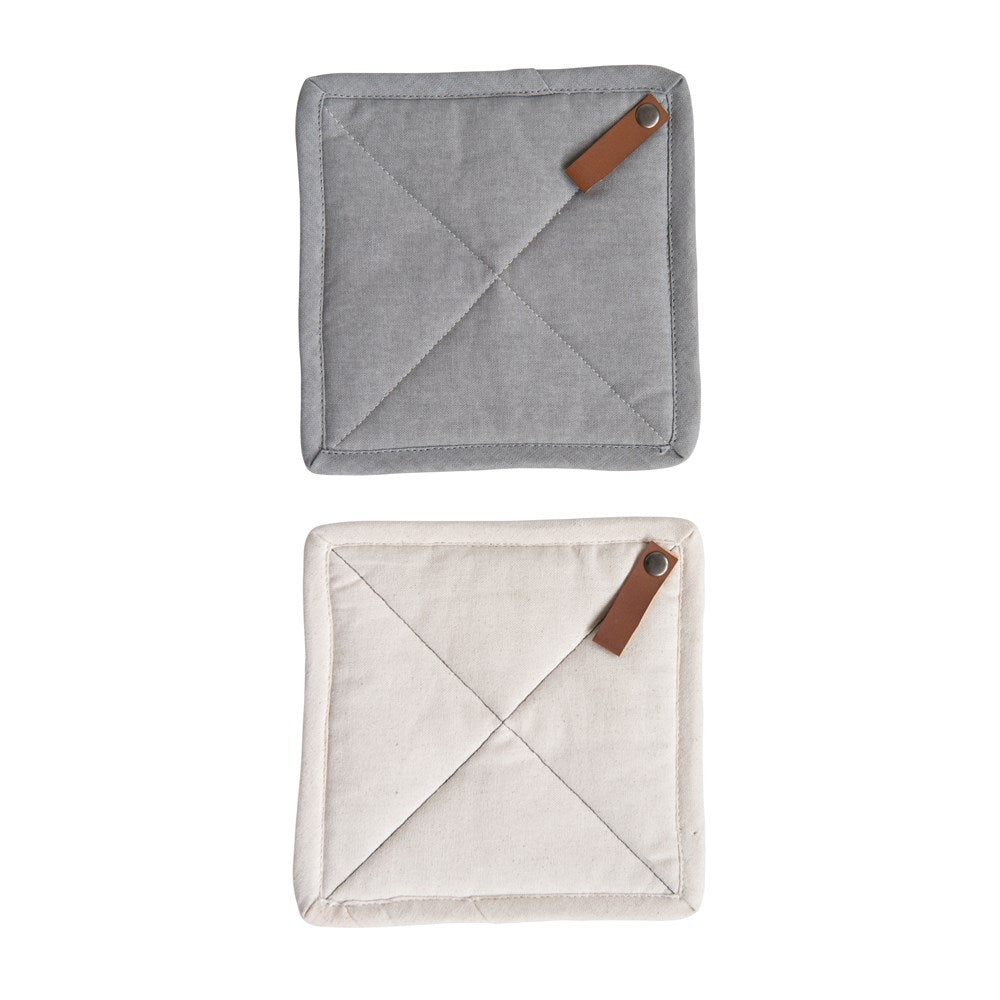 cotton pot holder with leather tab