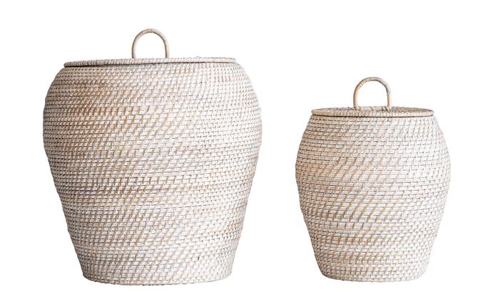 Natural Rattan Baskets w/ Lid, Whitewashed