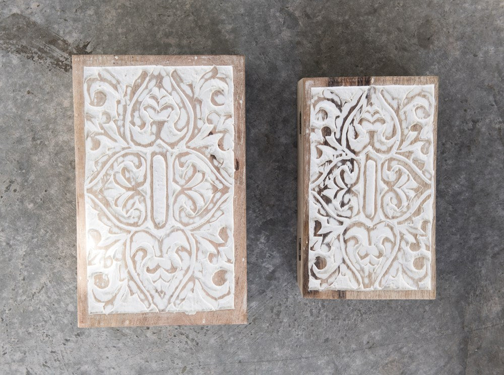 Hand-Carved Mango Wood Boxes, Whitewashed