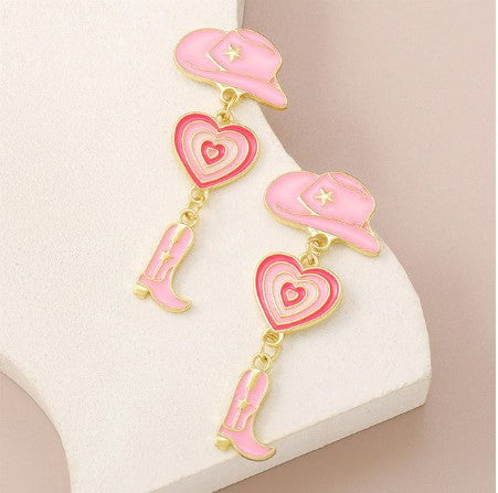 Cowgirl Enamel Heart & Hat & Boot Earrings