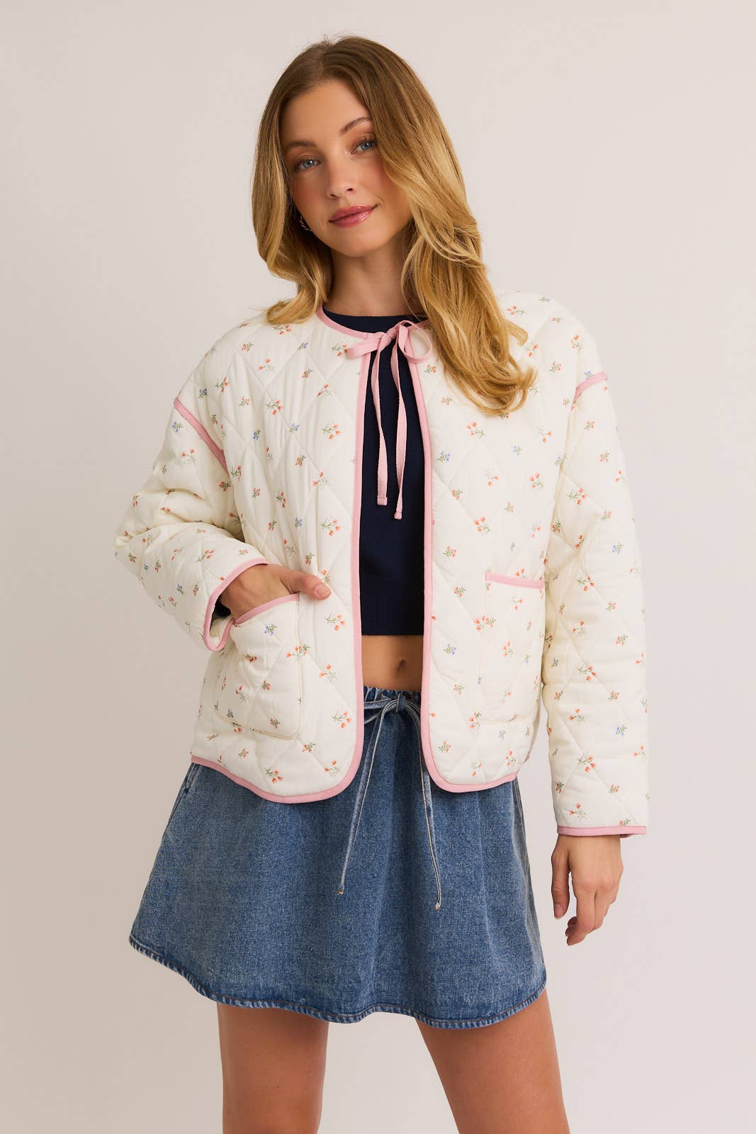 Long Sleeve Floral Print Quilted Jacket