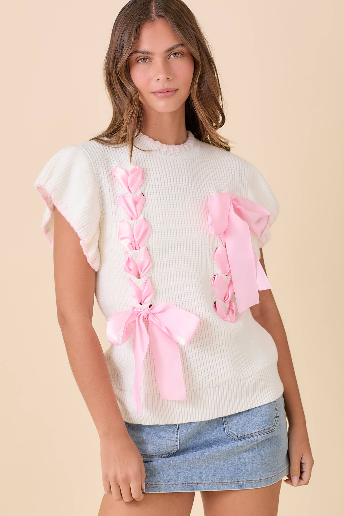 Weaved Ribbon Bow Detail Sweater Knit Top