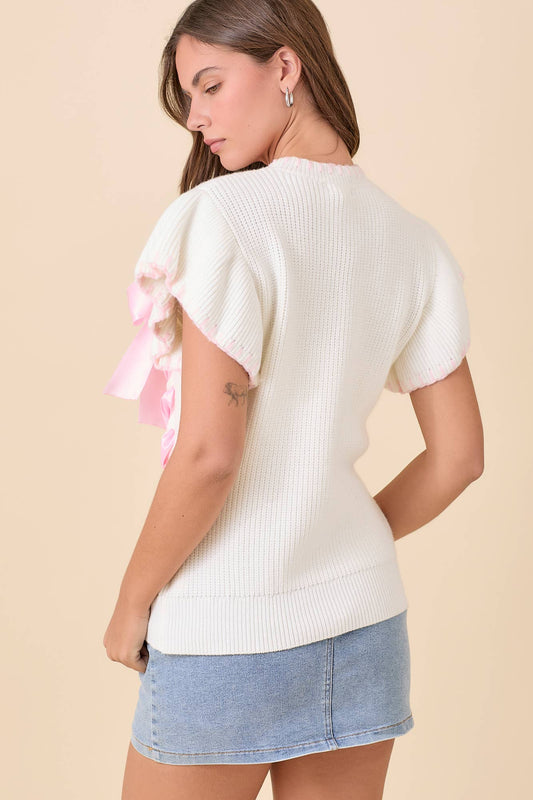 Weaved Ribbon Bow Detail Sweater Knit Top