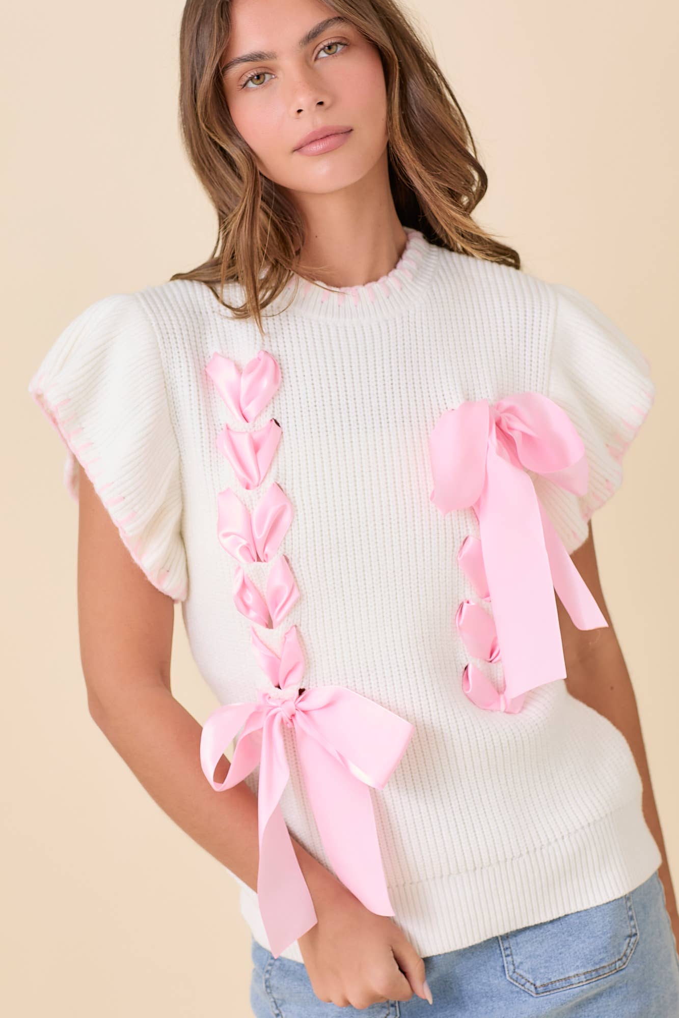 Weaved Ribbon Bow Detail Sweater Knit Top