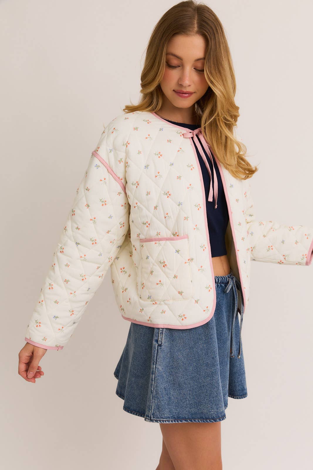 Long Sleeve Floral Print Quilted Jacket