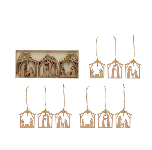 Laser Cut Nativity Ornaments with Gold Glitter Star