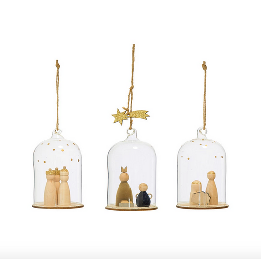 Glass Cloche Ornaments with Wood Nativity