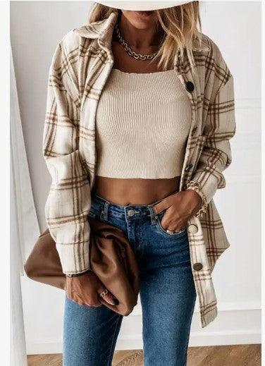 Loose Fit Plaid Buttoned Jacket