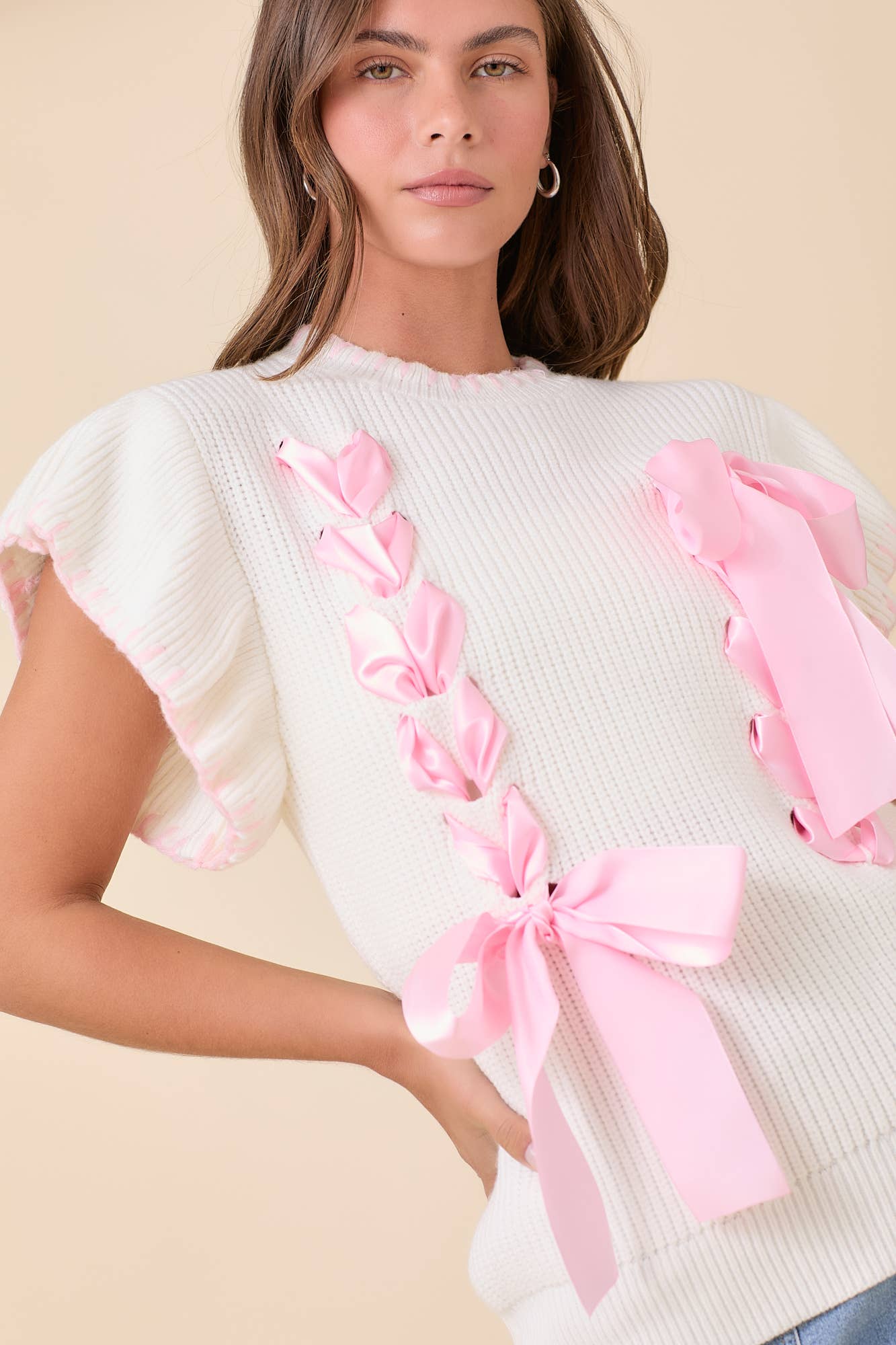 Weaved Ribbon Bow Detail Sweater Knit Top