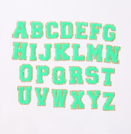 Varsity Glitter Patches, green patches, alphabet patches