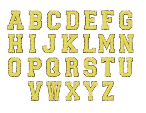 Lemon Varsity Glitter Patches, yellow letter patches