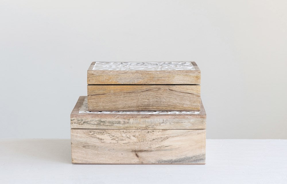 Hand-Carved Mango Wood Boxes, Whitewashed