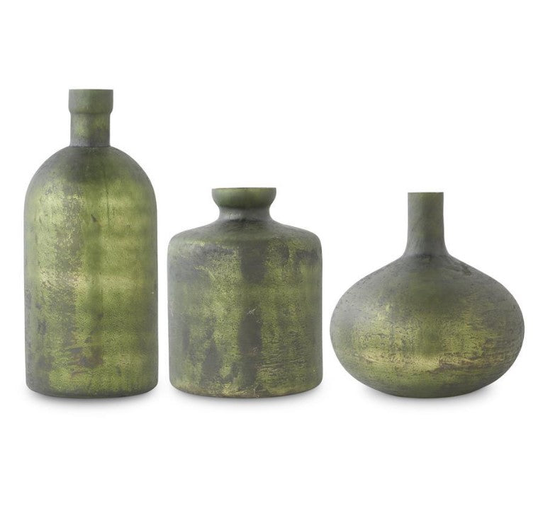 Antique Olive Green Matte Glass Bottle Vase