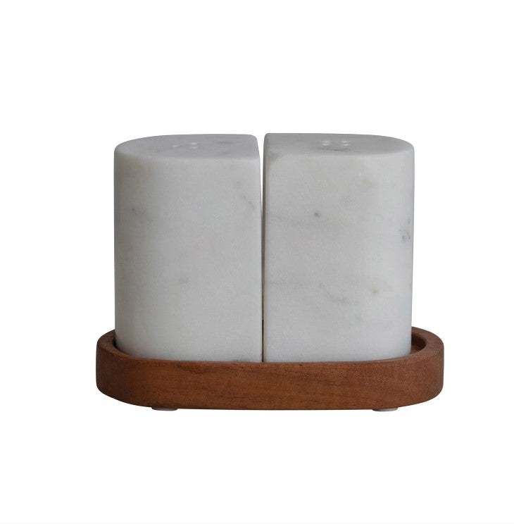 Marble Salt and Pepper Shakers with Acacia Wood Tray