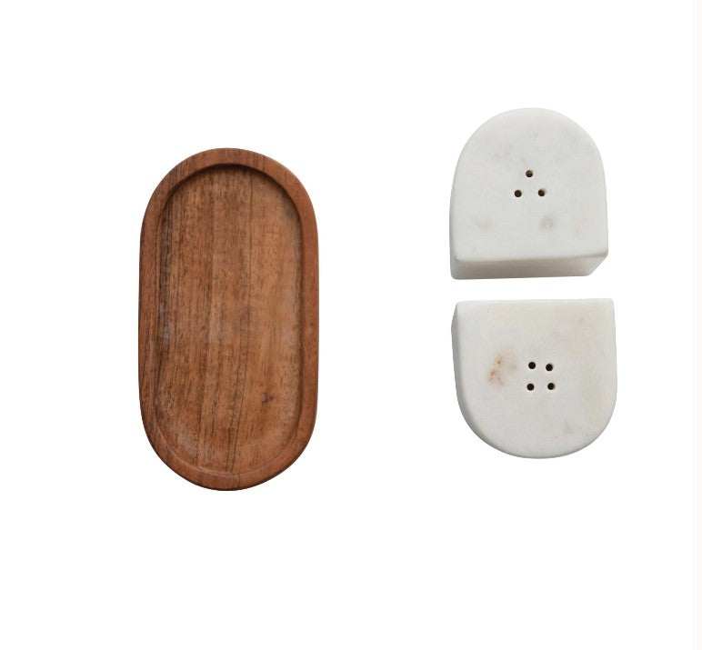 Marble Salt and Pepper Shakers with Acacia Wood Tray